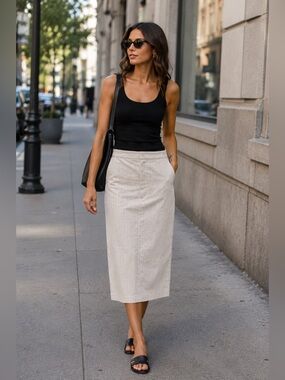Banana Republic Cream Linen Midi Pencil Skirt with Pinstripes